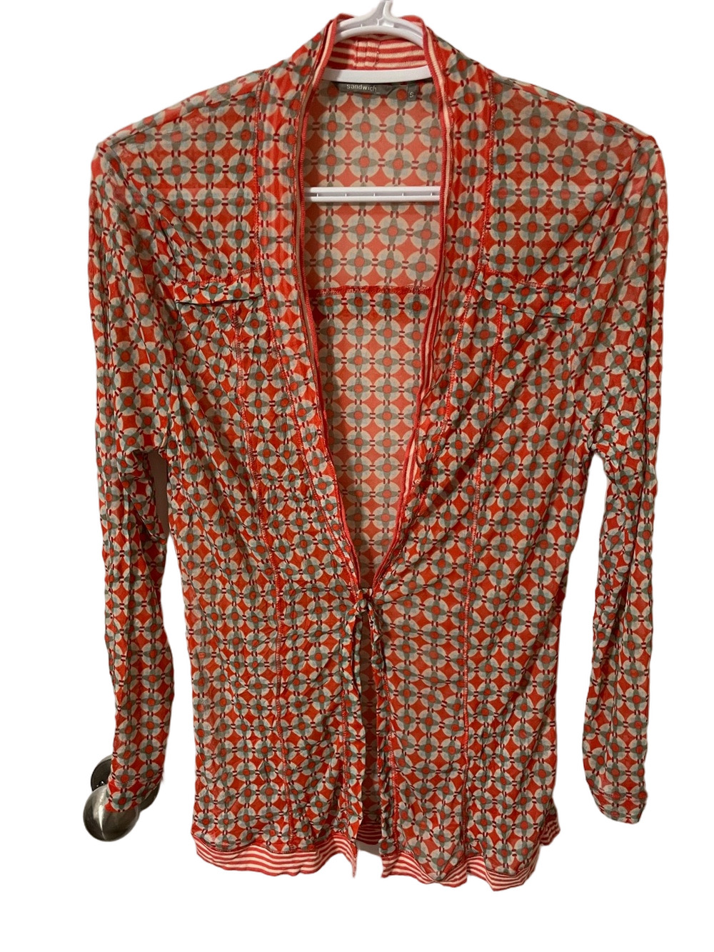 Sandwich Sheer Printed Tie-Front Women’s Top Size Small